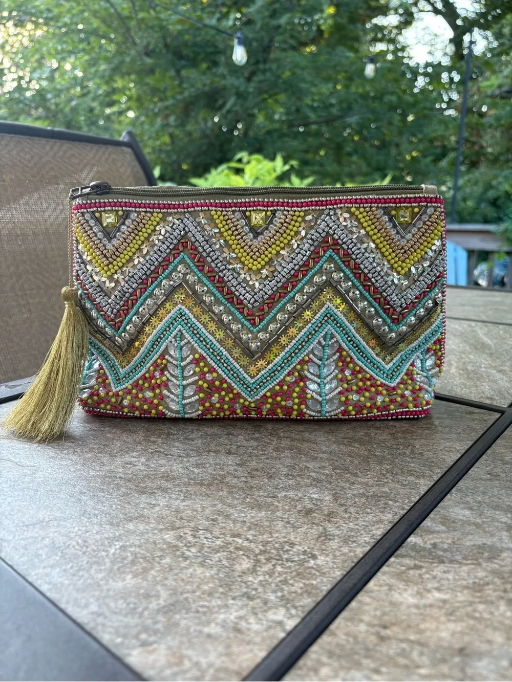 Beaded Chevron Tassel Clutch - Multicolor